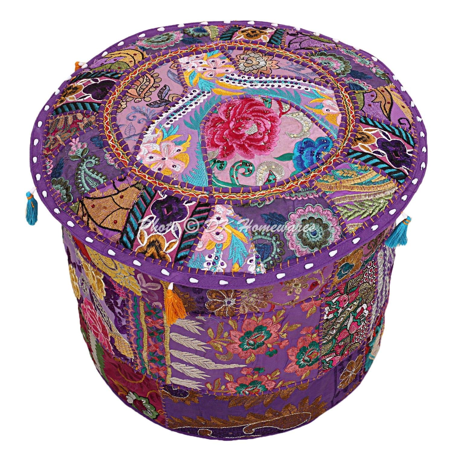 DK Homewares Traditional Vintage Purple Footstool Pouffe Cover Hassock Desginer Kids Room Decor Bean Bag Furniture Seating Floral Embroidered Ottoman Footstools Cover (16X16X13 Inches / 40 Cm)