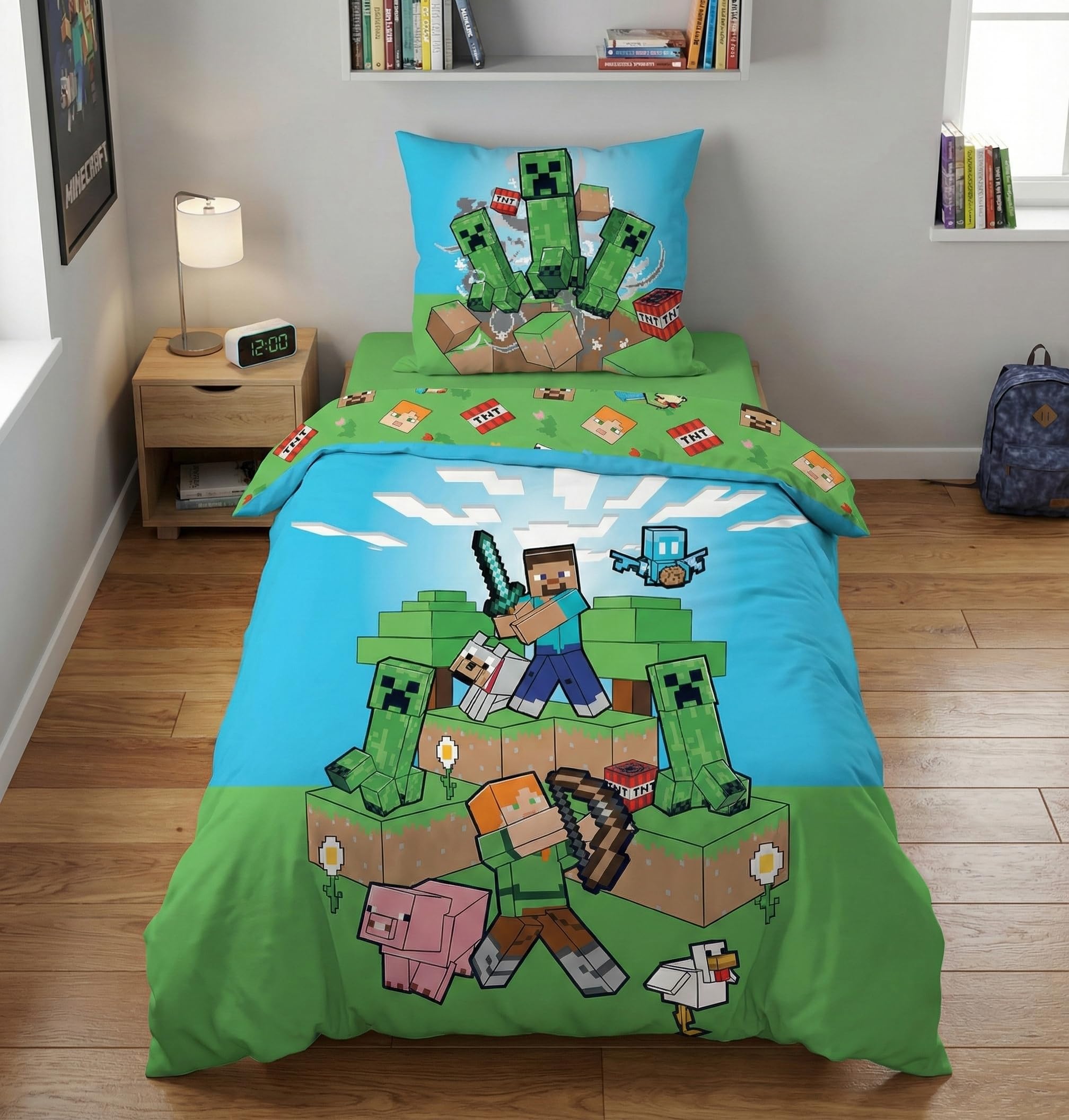 Minecraft Outdoor Mobs Bedding Set, 100% Cotton, Duvet Bed Covers 140 x 200 cm + Pillowcase 65 x 65 cm