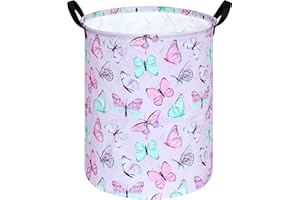 KUNRO Round Laundry Gift Basket Storage Hamper, Kids Toys and Clothes Storage Organizer Bins, Toy Shelf Basket with Handles for Room Decor (Purple Butterfly)