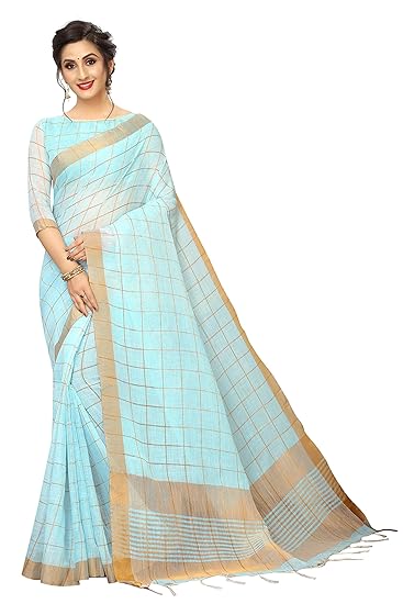 Womens Linen Saree with Unstitched Blouse Piece (HandLinenchecks)