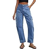 Eddoyee Barrel Jeans Women Cargo Ankle Pants Casual Wide Leg Baggy Denim Pants High Waist Trousers Stretchy with 6 Pockets