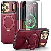 CHEEWADA for iPhone 17 Pro Max Case with Stand, Compatible with MagSafe, Slim PU Leather & TPU Drop-Proof Protective Magnetic Kickstand Phone Cases with Tempered Glass Screen Protector 6.9", Red