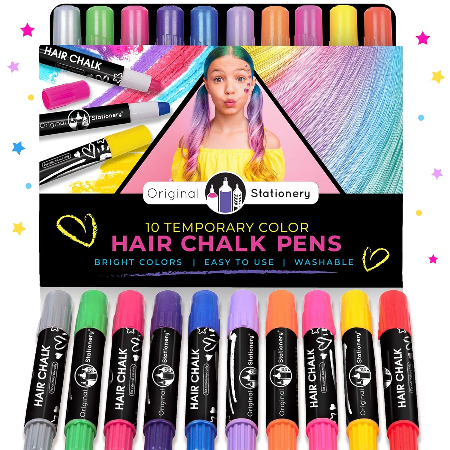 Original Stationery Hair Chalks Set for Girls, 10 Piece Temporary Hair Chalk Colors: Beauty