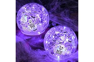 Yinhua 2 PCS Halloween Decorations Indoor 4" Skeletons Globe Light with Timer Bat Crackle Glass Ball Purple Light for Table Centerpieces Lighted Decorative Ball Led Globe Lamp Decor Gift