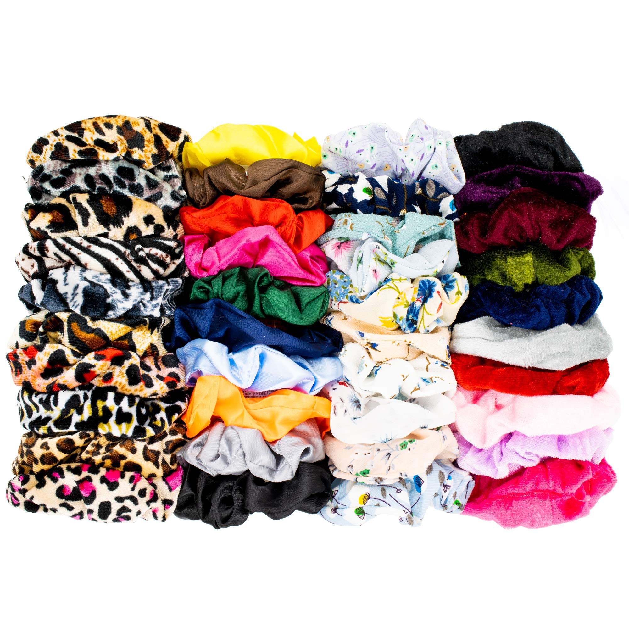 Paparuna Velvet,Satin,Floral and Leopard Print Scrunchies 40 Pack, FREE Pack of 20 Black Nylon Hair Bands