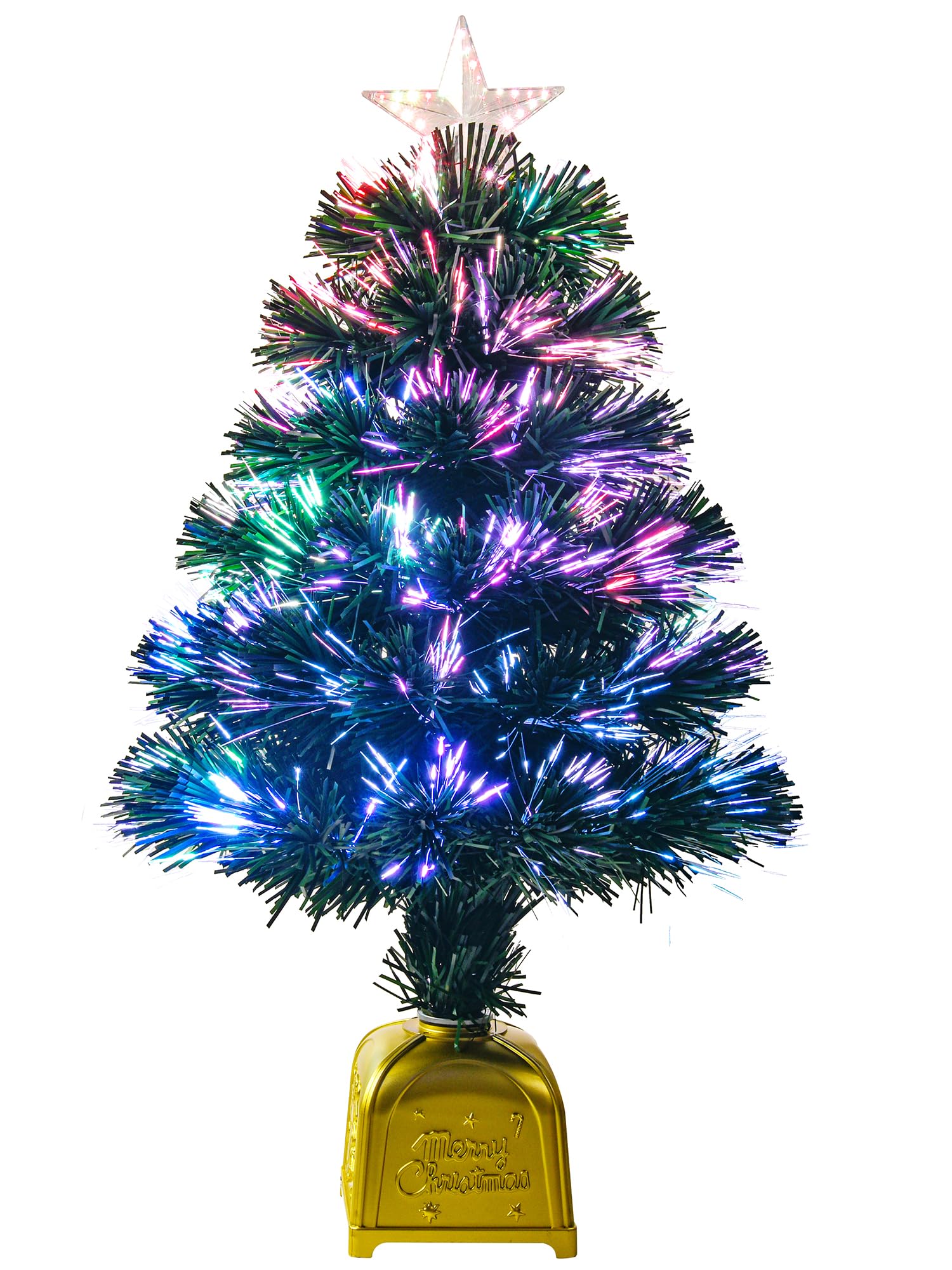 Photo 1 of 24inch Green Pre-lit Fiber Optic Christmas Tree,Tabletop Artificial mini Xmas Tree with Gold Base Pot, Stars for Holiday Home Decorations