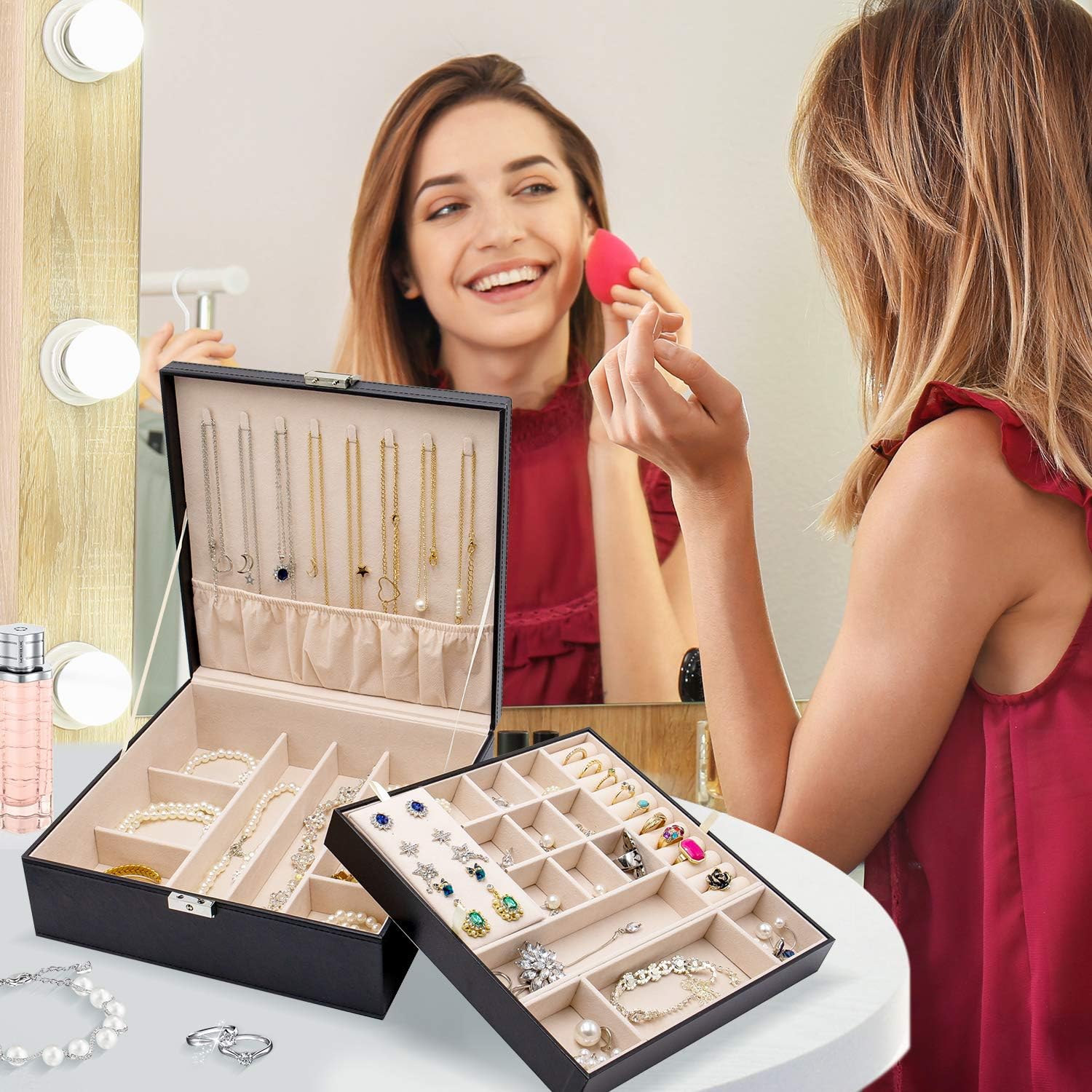 ProCase Jewelry Box for Women Girls, Large Leather Jewelry Organizer Storage Case with Two Layers Display for Earrings Bracelets Rings Watches -Black: Clothing