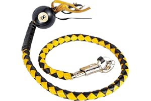 BIKERSGEARONLINE Motorcycle Get Back Whips in different Colors W/Pool Ball. Made of 100% Genuine Leather (Black & Yellow W/ 8 Ball)