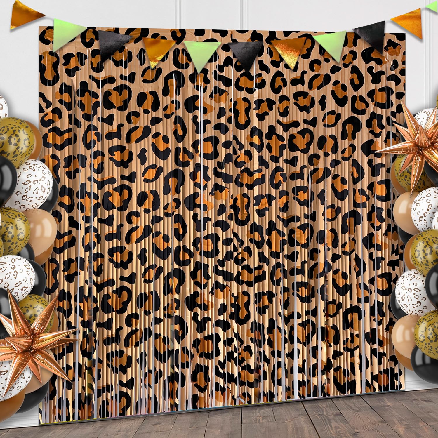 Photo 1 of 4 Pack Cheetah Print Foil Fringe Curtains Birthday Decorations, 3.28 x 6.56 Ft Leopard Print Fringe Backdrop Cheetah Photo Booth Props Animal Birthday Party Decorations Favor Supplies