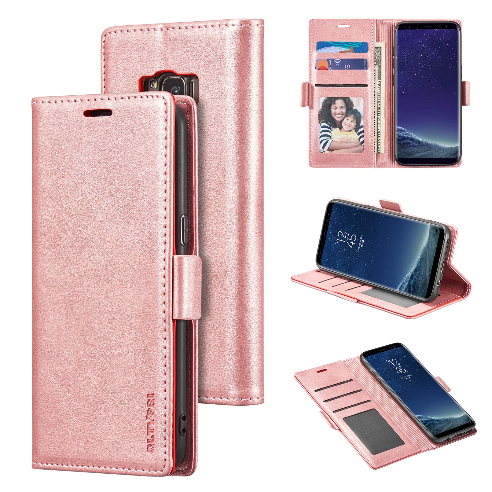 QLTYPRI Case for Samsung Galaxy S8 Plus, Premium Soft Leather Wallet Case with Card Holder Kickstand Magnetic Closure Protective Flip Cover for Samsung Galaxy S8 Plus - Rose Gold