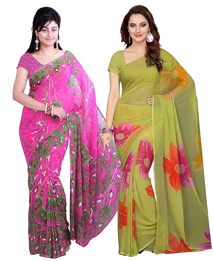 Combo Of 2 Poly Georgette Multicolor Printed Women Saree