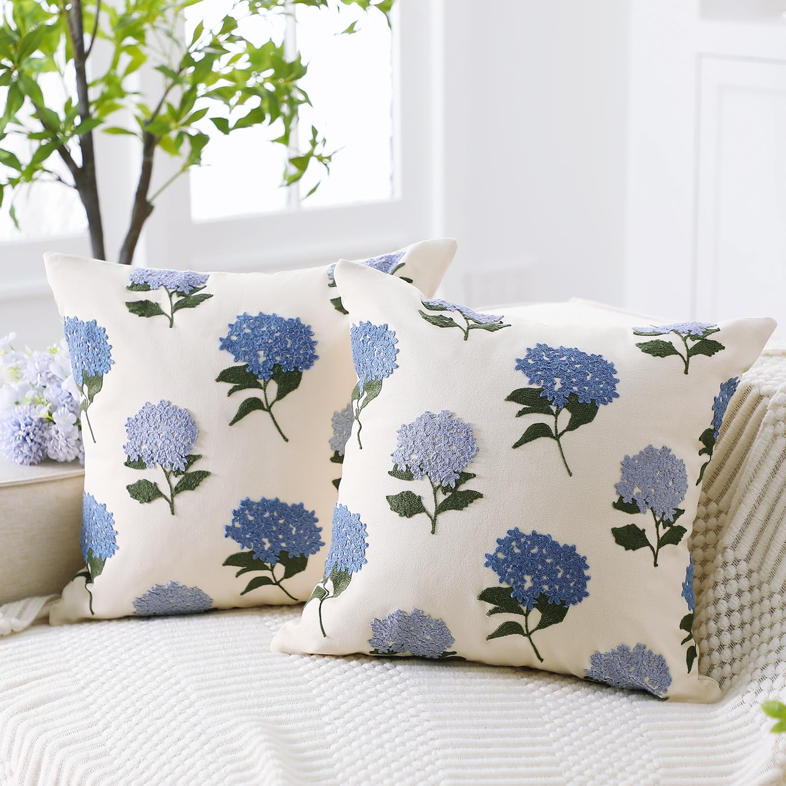Photo 1 of FuWeave 2 Pcs Blue Hydrangea Flower Throw Pillow Cover 18 x 18 Inch Decorative Embroidered Boho Jacquard Blue White Floral Pillow Cover Decor for Bed Sofa Housewarming Gift (Hydrangea)