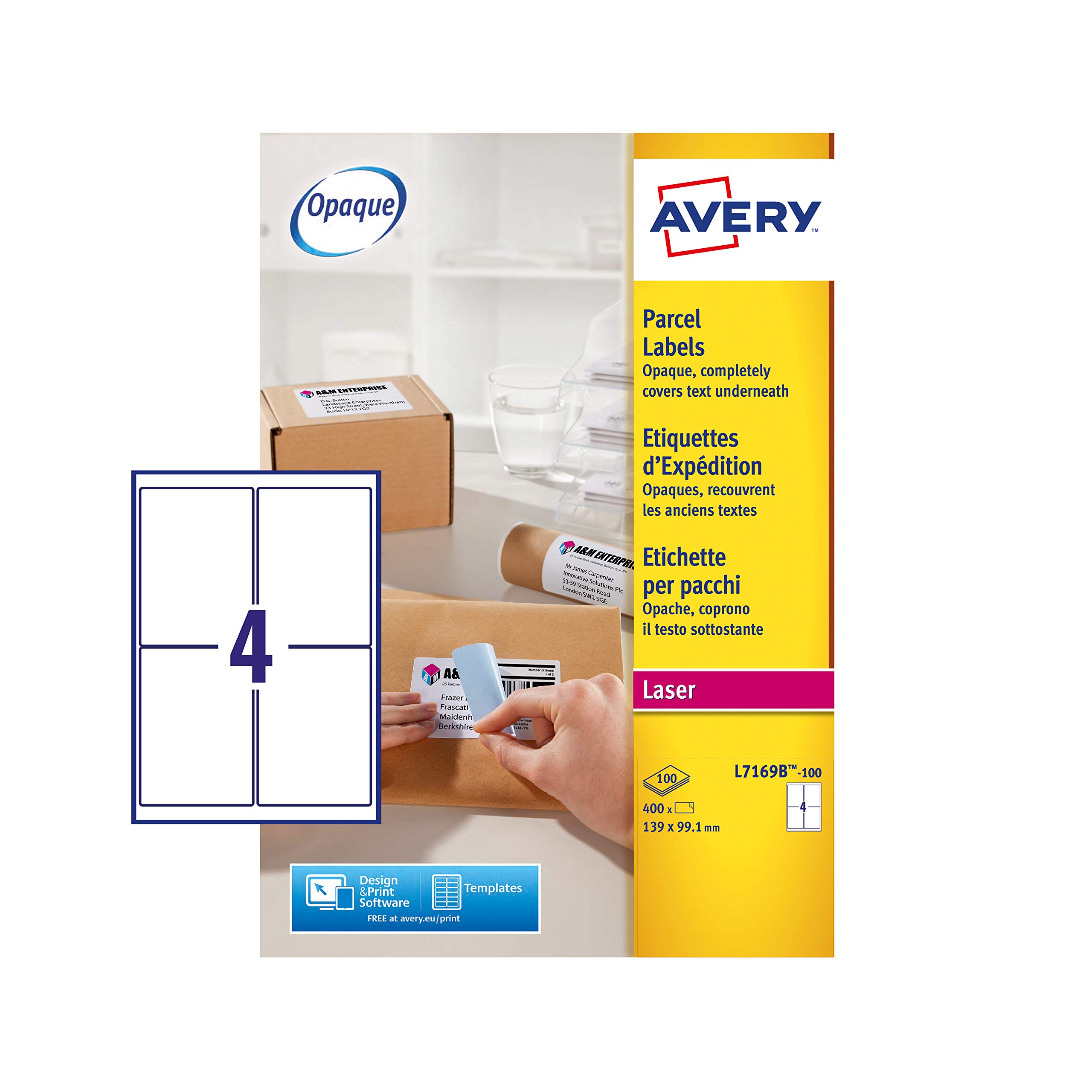 Avery L7169B Printable, Customisable Parcel Labels, Laser Printers, 4 Labels Per A4 Sheet, 400 Labels, BlockOut, White