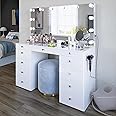 Boahaus Orla - Glass Top Large Vanity Desk w/Bluetooth Speaker, 12 Hollywood Lights, 11 Drawers, Crystal Knobs, USB Type-C & Type-A Ports, Power Outlet, Premium Makeup Vanity for Women, Teens – White