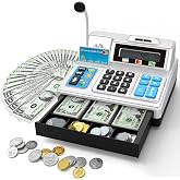 Calculator Cash Register Toy Gift for Kids Age 3, 4, 5, 6, 7, 8+ Year Old, 103 Pcs Pretend Grocery Store Playset with Toy Cash, Microphone, Credit Card, Play Cash Register for Toddlers 4-8, Silvery