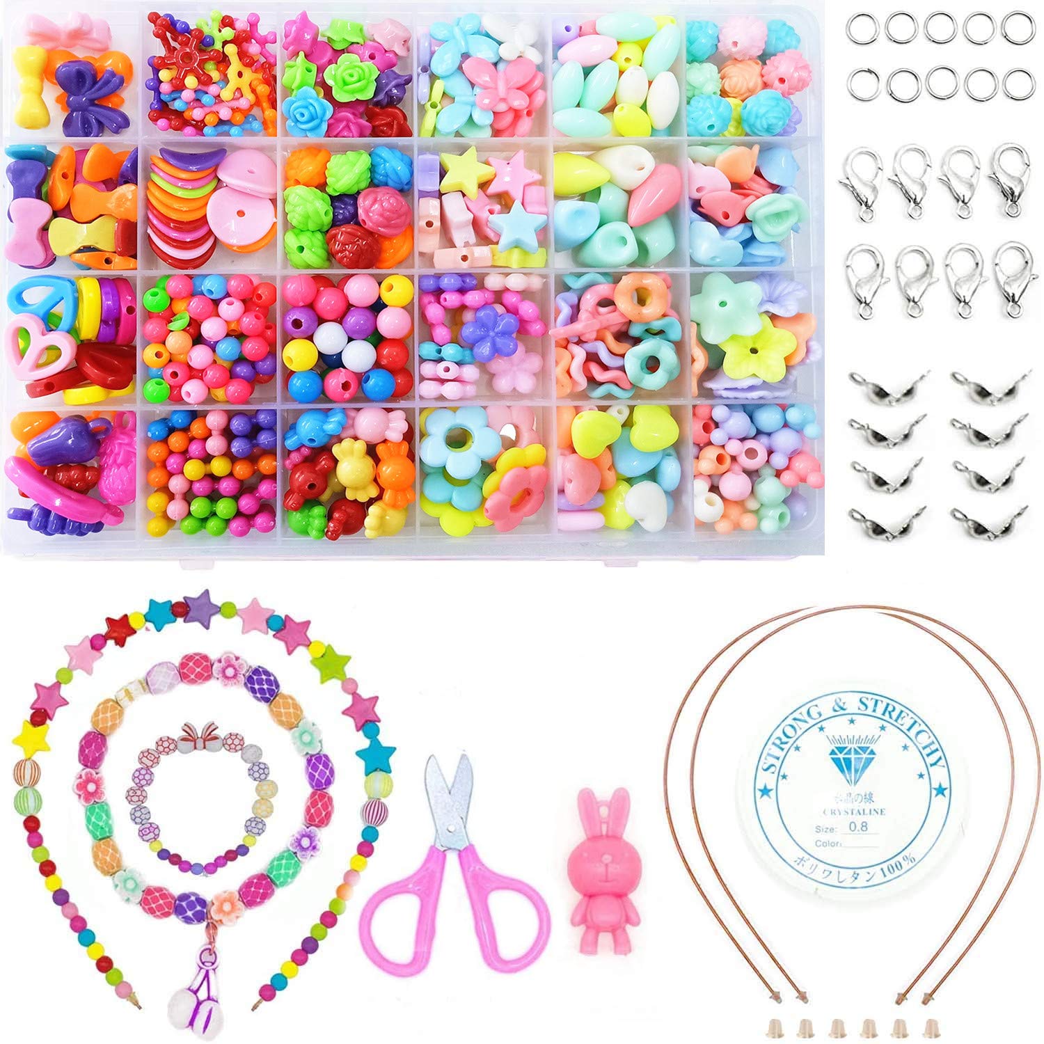 mciskin DIY Bead Set with a Coiling,24 Different Types and Shapes Colorful Amblyopia Training Acrylic DIY Beads in a Box, Children's Bead Necklace and Bracelet Crafts
