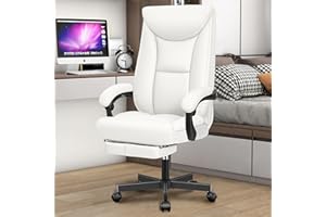 BestEra Ergonomic Office Chair, Big and Tall Executive Home Office Desk Chair, Shiny Leather Swivel Computer Chair with High Back, Wheels, Lumbar Support, Footrest（White）