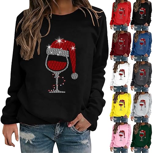 Women Christmas Jumpers Crewneck Sweatshirts Wine Glass Long Sleeve Tops Xmas Funny Graphic Print Sweatshirt Novelty Merry Christmas Pullover Blouse Sizes 8-18 Black S