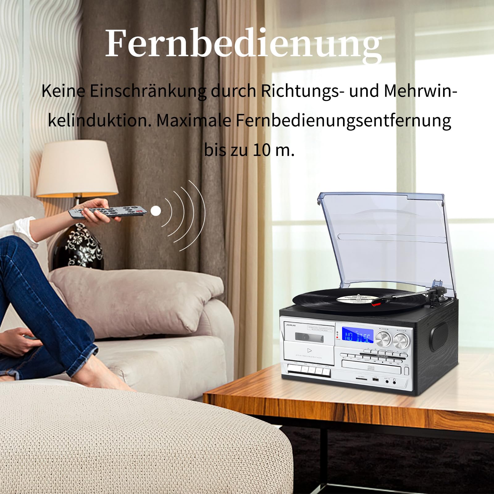 JORLAI Vintage Record Player 3 Geschwindigkeiten Plattenspieler mit Fernbedienung, Vinyl Bluetooth mit eingebauten Lautsprechern CD/Kassette AM/FM Radio USB/SD/MMC 3.5mm Aux-in/RCA-Out, Schwarz 7