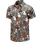 Walsilk Halloween Button Down Shirt for Men Pumpkins Printed Casual Short Sleeve Hawaiian Aloha Shirts