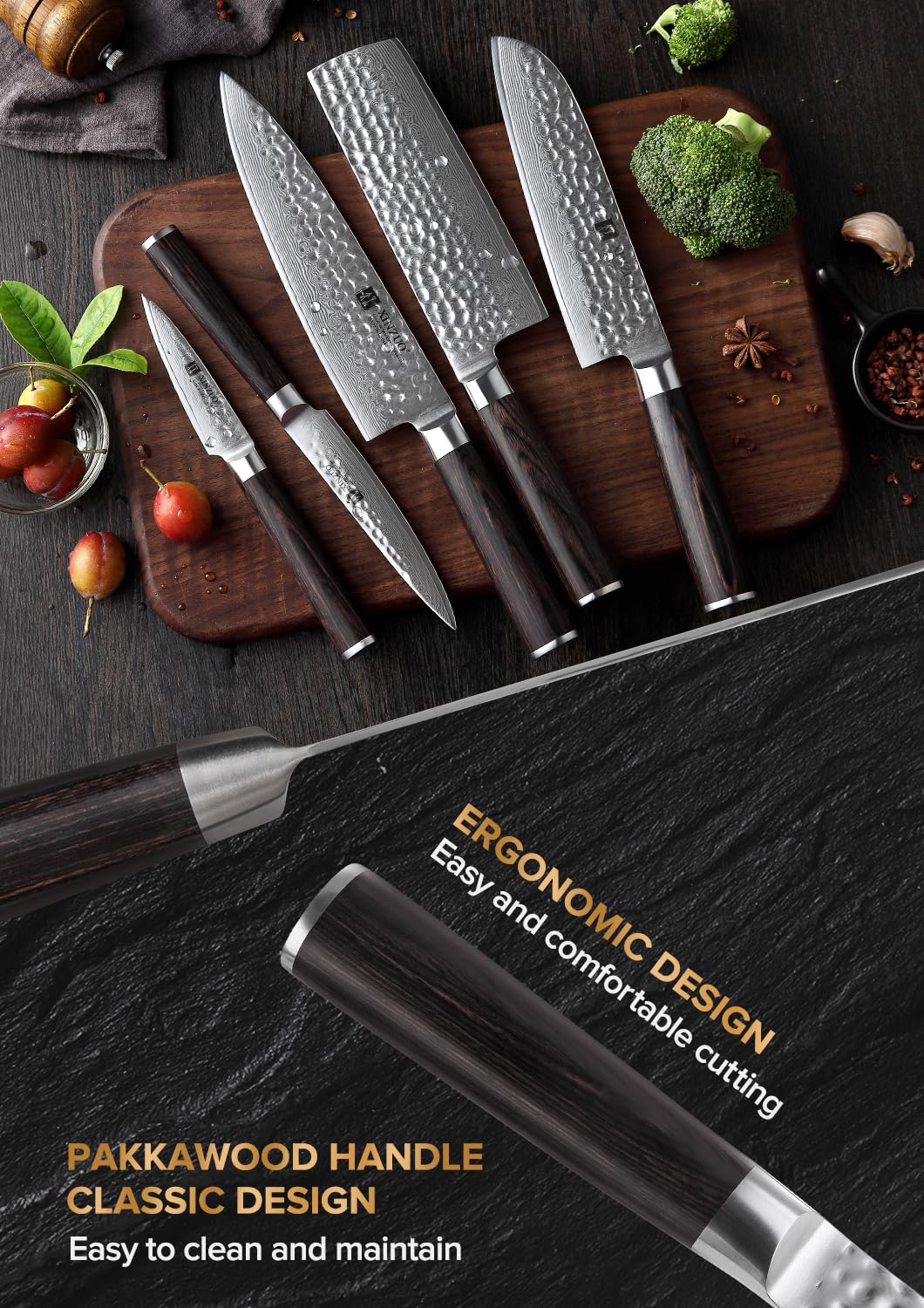 XINZUO Damaskus Küchenmesser Set 5er, Scharf Gyuto VG10 Edelstahl mit Hohem Kohlenstoffgehalt Chefmesser Santokumesser Nakirimesser Allzweckmesser Obstmesser Ergonomischer Pakkaholz Griff 4