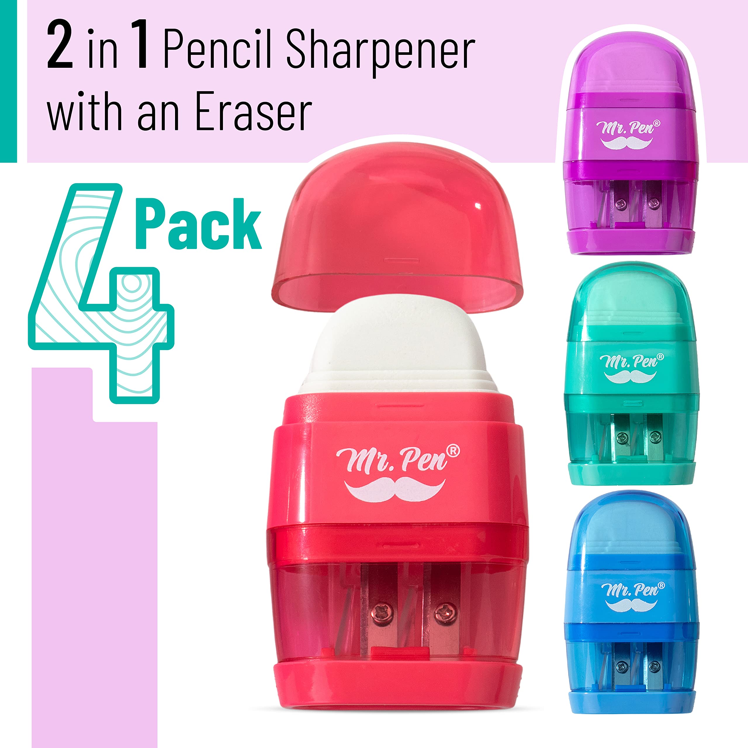 Mr. Pen- Pencil Sharpener & Eraser, 4 Pack, Colorful, 2 Sharpening Holes, Manual Handheld Small Pencil Sharpener