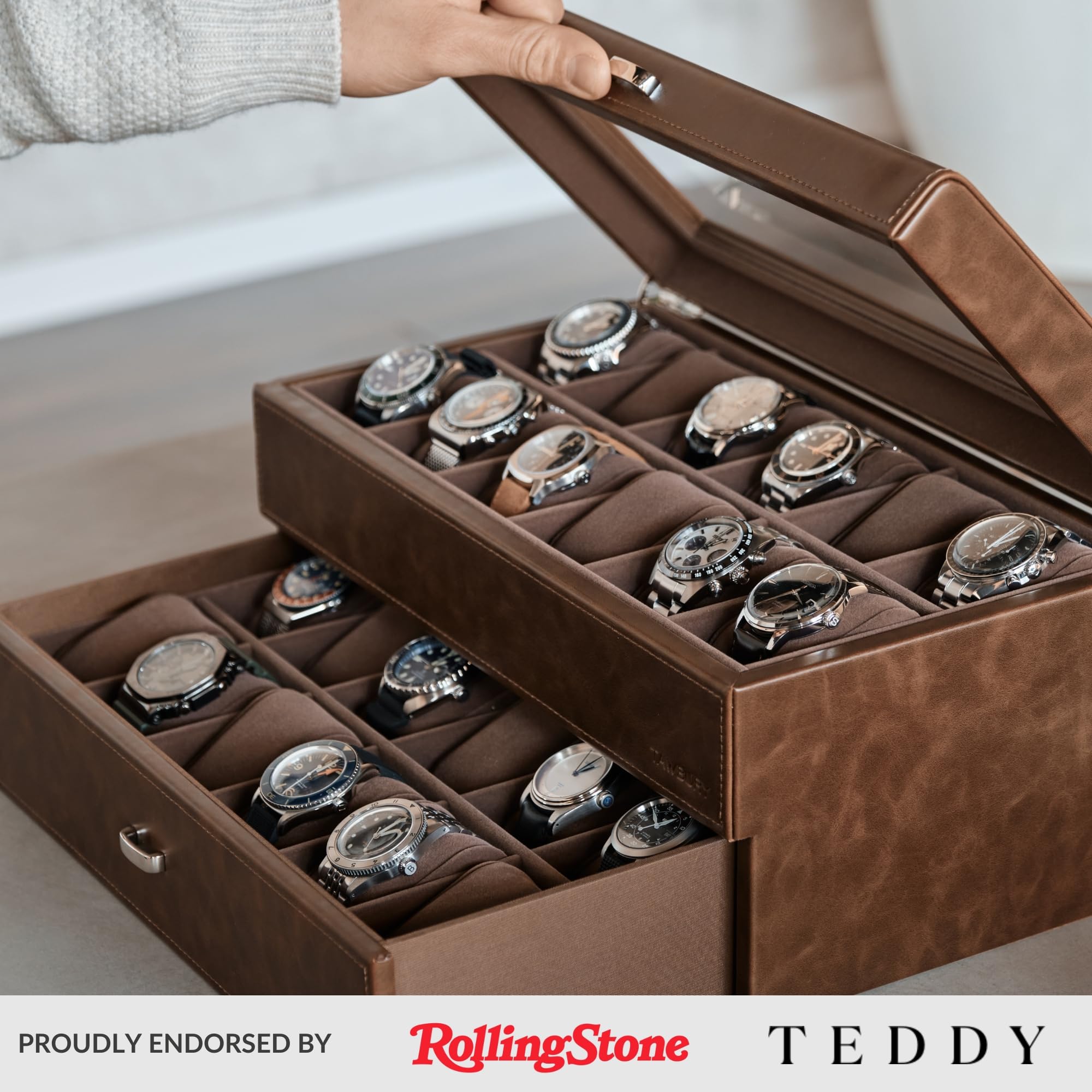 TAWBURY 24 Slot Watch Box for Men - Double-Layer Design for Optimized Storage | Removable Drawer for Easy Handling (Brown)