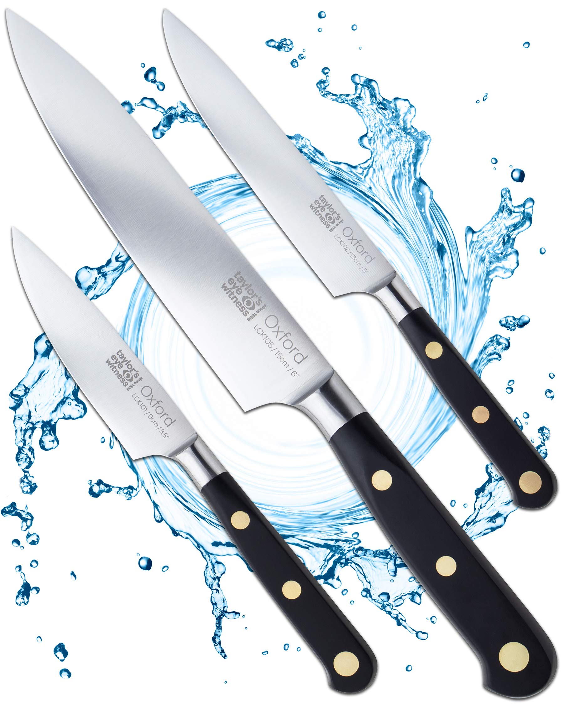 Taylors Eye Witness Oxford Kitchen 3pce Knife Set - 9cm/3.5” Paring, 13cm/5” Utility, 15cm/6” Chef Knives. Full Tang Blade, Razor Sharp, Stainless Steel. Classic Triple Brass Rivet Handle