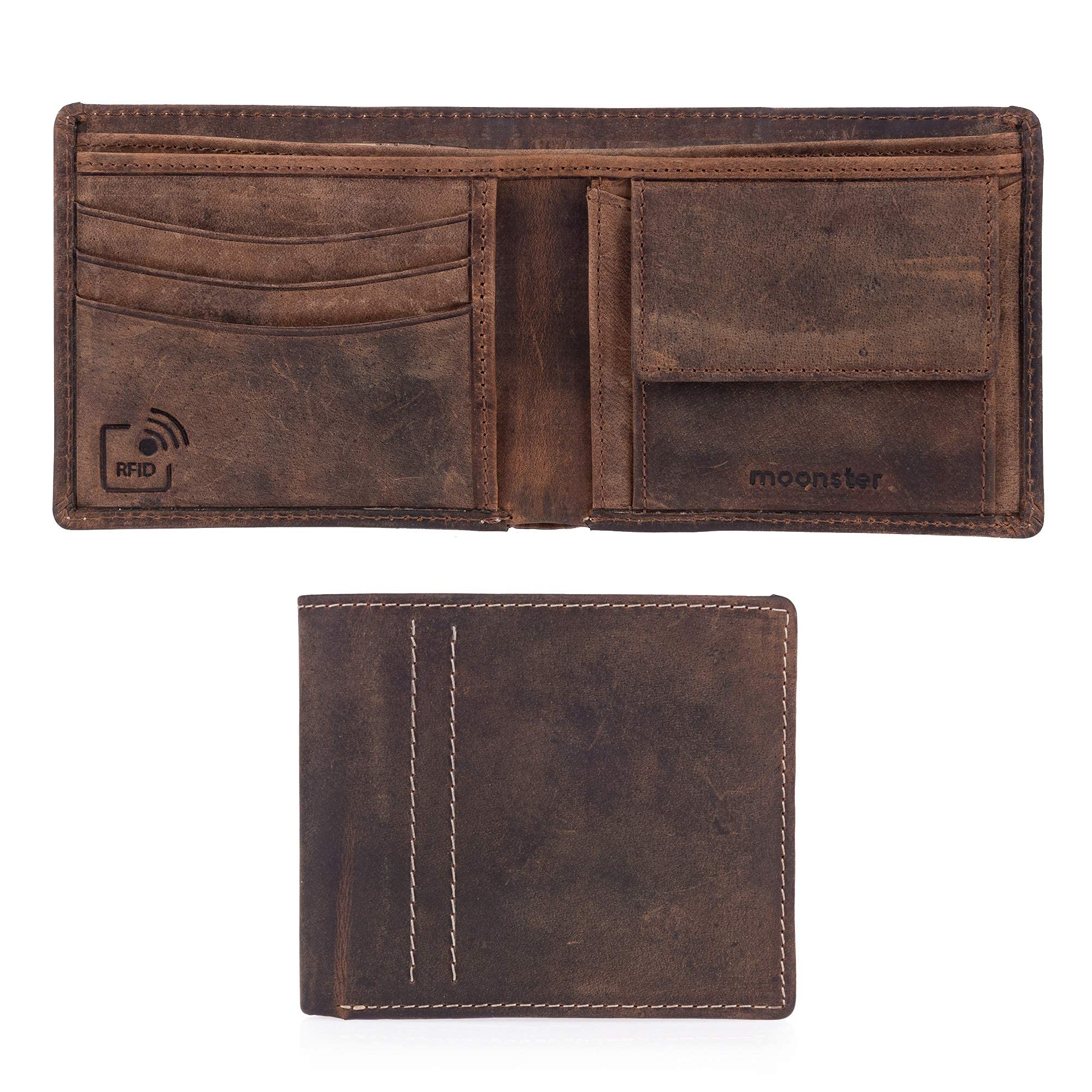 moonster® Mens Leather Wallet with RFID Blocking - Keeps Cash and Cards Safe, Organised and Easy to Access - Slim, Minimal Wallets for Men Full Grain Buffalo Leather, Comes in a Stylish Gift Box