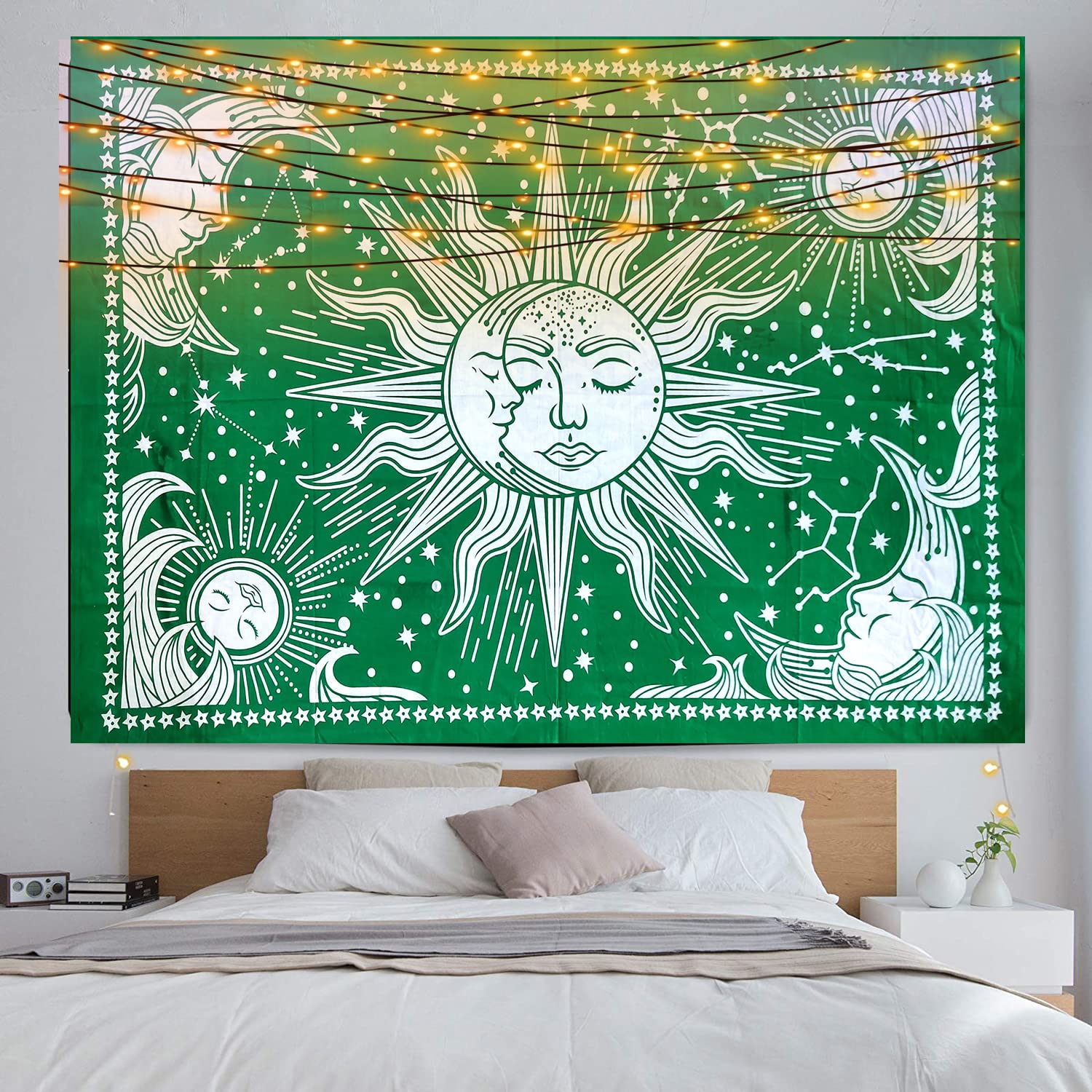 INDIAN CRAFT CASTLE Sun Moon Tapestry Wall Sheet Hanging Room Decor Bedroom Aesthetic Tapestries Mystic Art Ceiling Blanket Home Living Psychedelic Mystical Star Green 30 x 40 Inches
