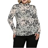 WDIRARA Women's Plus Size Floral Jacquard See Through Mesh Top Lace Mock Neck Long Sleeve Shirts