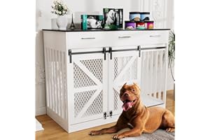 kepptory 48'' Dog Crate Furniture with Removable Divider & Storage Drawers, Wooden Double Dog Cage TV Stand with 2 Sliding Barn Doors, Multi-Functional Dog Crate End Table for Indoor use (White)