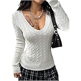 SOLY HUX Women's Deep V Neck Cable Knit Sweater Long Sleeve Fitted Knit Top Business Casual Work Fall Outfits