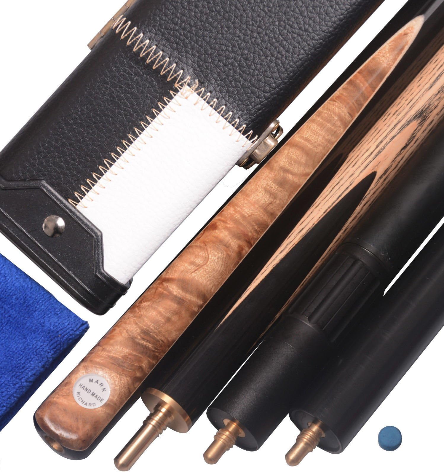 Stylish 57" Handmade 3/4 Piece Snooker Cue Ash Shaft and Ebony/Burl Spliced Butt Complete Set with Black and White Case