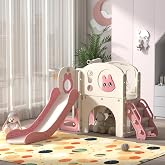 NYEEKOY 8 in 1 Toddler Slide and Indoor Toddler Playground | Slide for Toddlers 1-3 with Stairs, Tunnel, Telescope, Storage, Basketball Hoop and Ball,and Storage Space, Pink