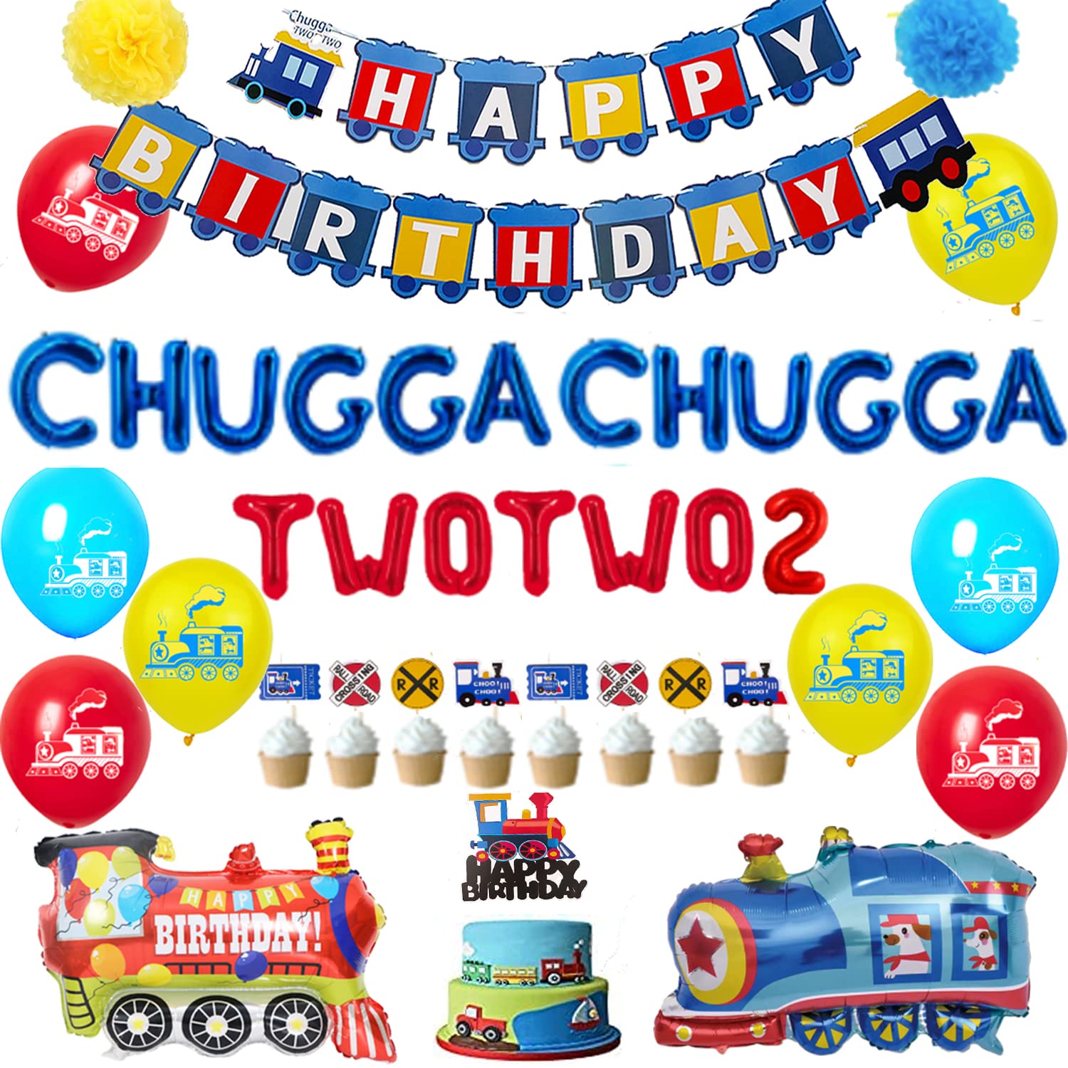 Chugga Two Party Decorations for 2 Year Old Boy, Railroad Train Crossing Theme Birthday Party Supplies - Two Banner, Cake Topper, Train Foil Balloons