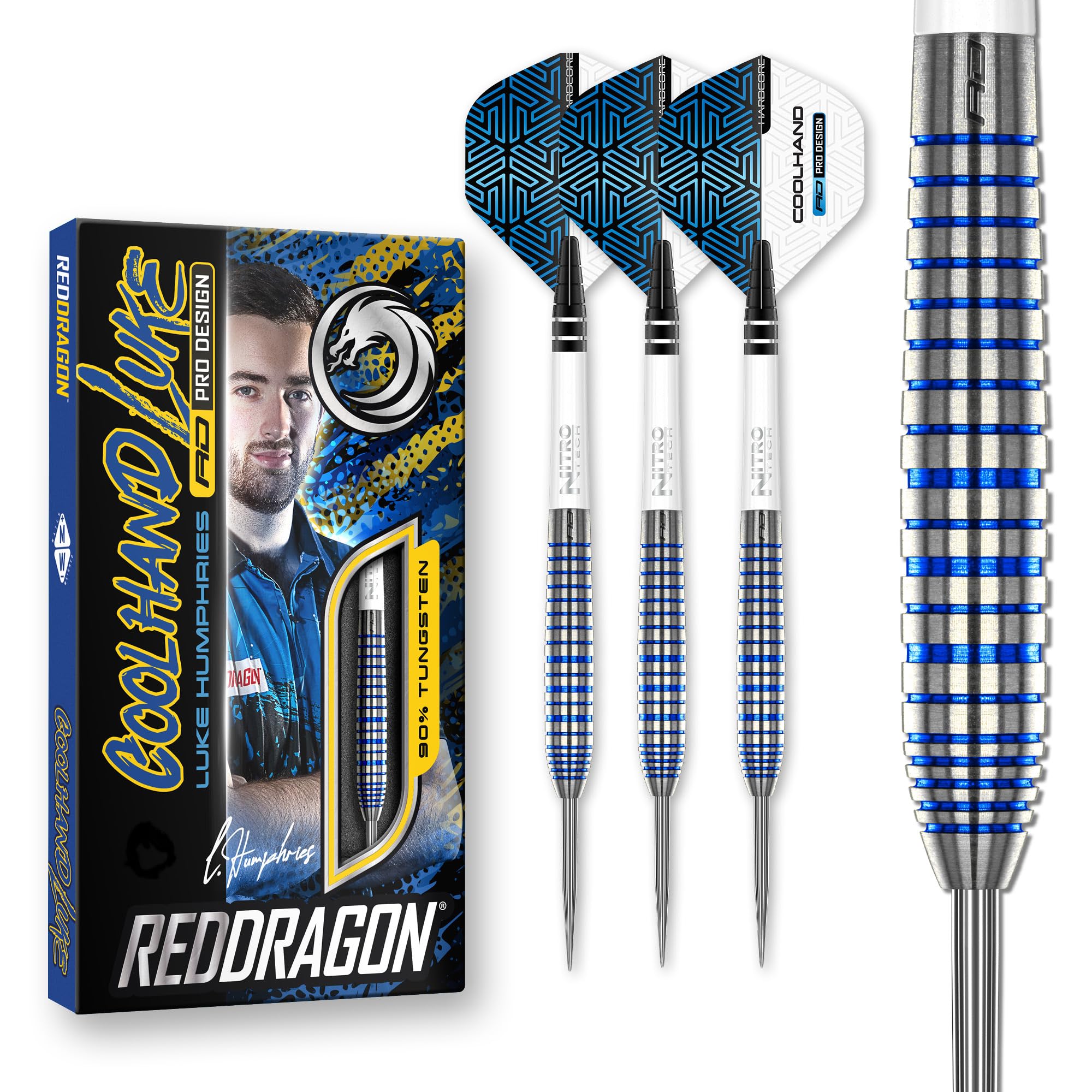 RED DRAGON Luke Humphries TX Series Premium Tungsten Darts Set with Flights and Stems (TX3 Cool Blue, 22g)