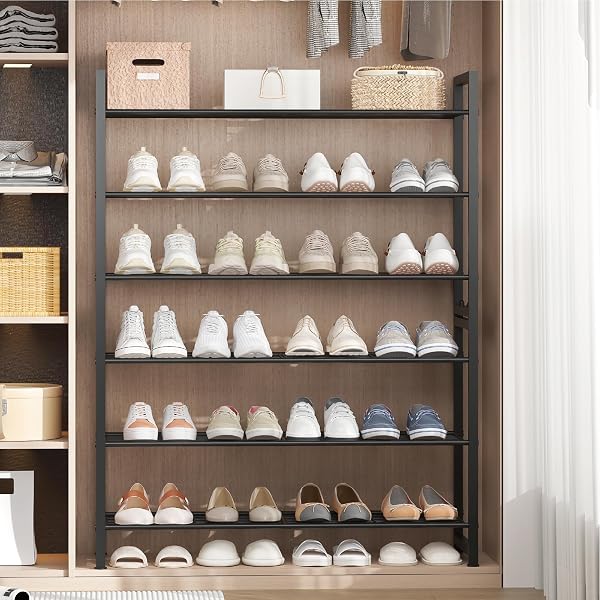 TIFFLOI STACKABLE SHOE RACK, 6 TIER METAL SHOES RACK STORAGE ORGANIZER,LARGE CAPACITY SHOE SHELF MAX HOLDS 30 PAIRS OF SHOES,STURDY AND STABLE, FOR CLOSET, ENTRYWAY,GARAGE，BLACK