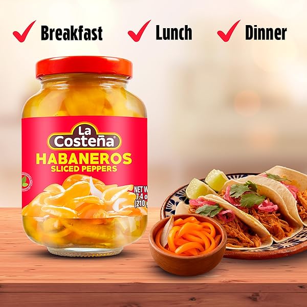 LA COSTEÑA SLICED HABANERO PEPPER FOR MEXICAN FOOD, MANGO HABANERO SALSA, GUACAMOLE, ENCHILADAS, SPICY NACHO & TACO TOPPINGS – HOT PICKLED VEGETABLES – 10X SPICIER THAN JALAPEÑOS – 7.4 OZ, 1 PACK