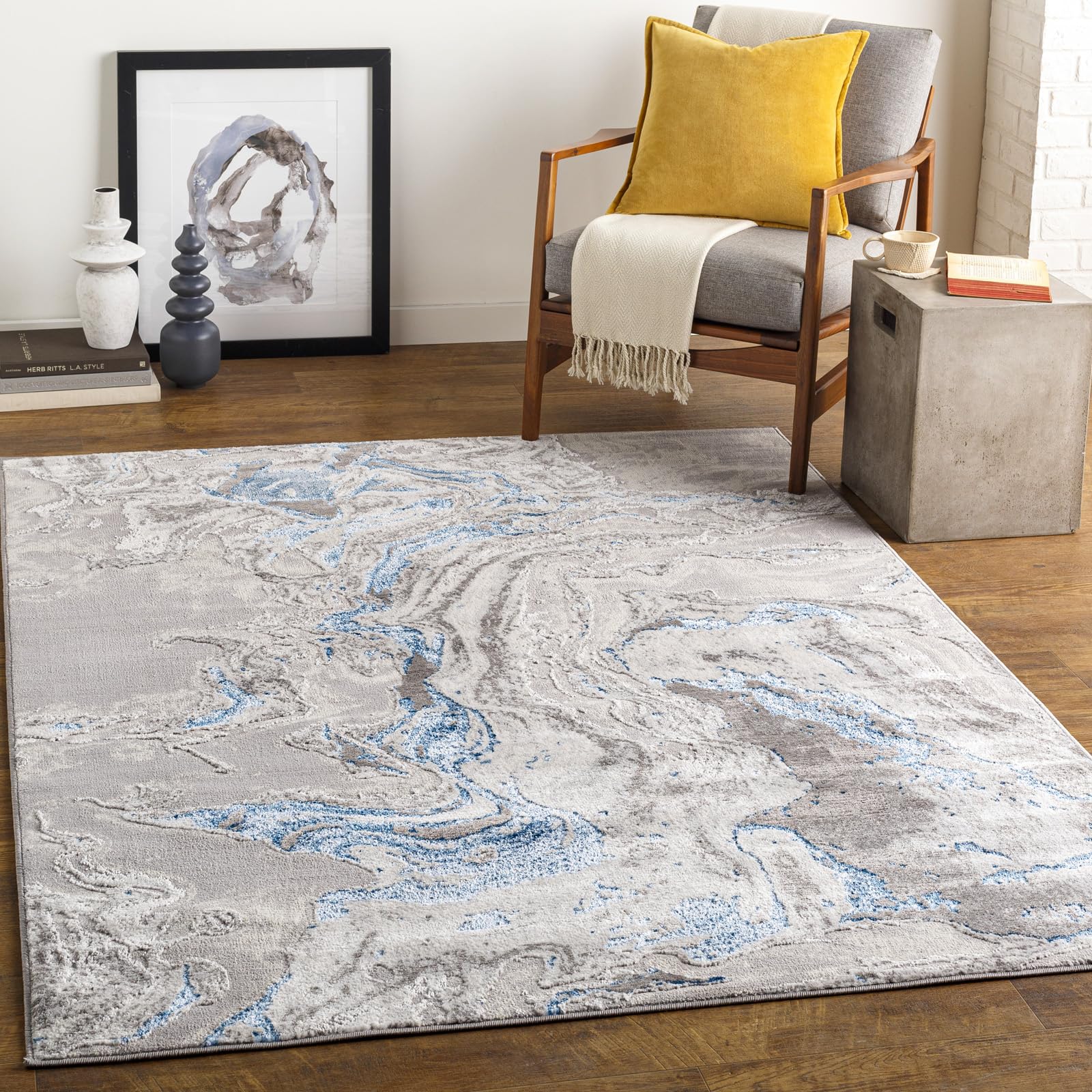 Livabliss Dahlia Adria Abstract Carpet 120x170 cm, Modern Marble Design for Living Room, Dining, Lounge & Bedroom, Soft Luxurious Medium Pile, Grey Blue Ivory