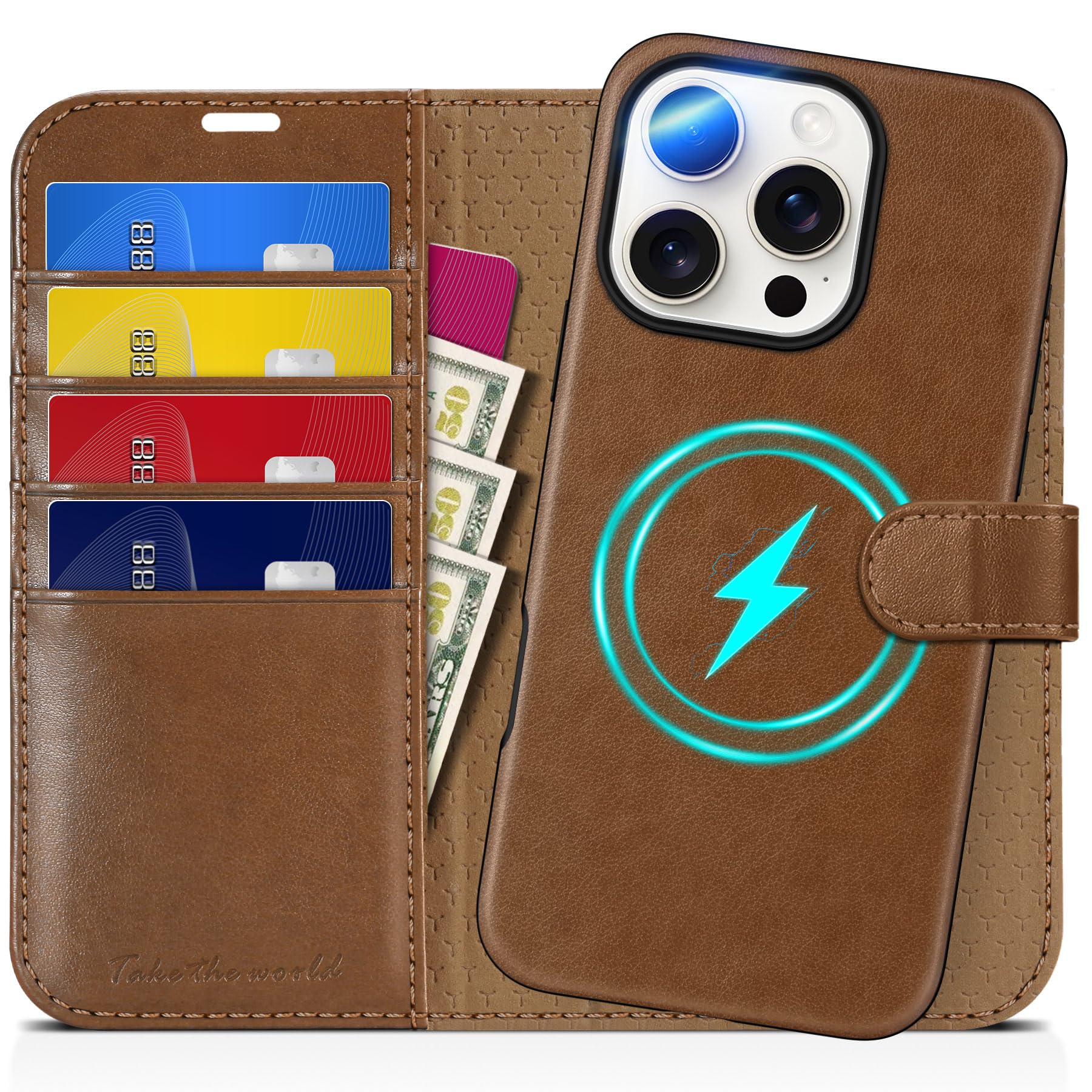 Photo 1 of TUCCH Wallet Case for iPhone 16 Pro, [Removable] 2 in 1 [Wireless Charging] RFID Blocking [4 Card Holders] PU Leather Cover, Magnetic Detachable Stand Folio Case Compatible with iPhone 16 Pro, Brown