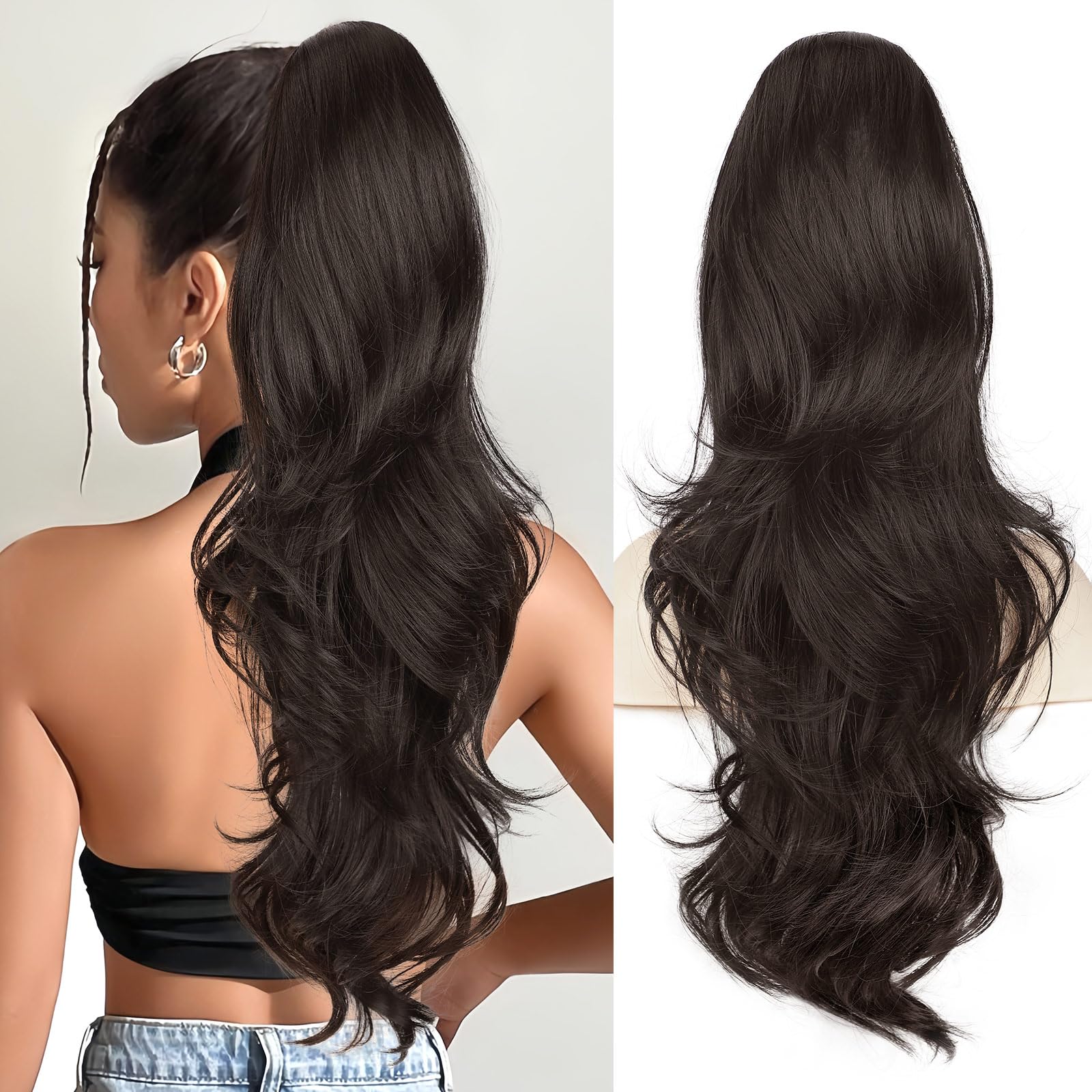 Photo 1 of BOGSEA Ponytail Extension 26 Inch Drawstring Ponytail Extension for Women Long Wavy Hair Extensions for Daily Use(Dark Brown)