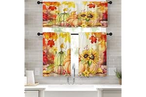 Nesphy Fall Maple Leaves Kitchen Curtains Pumpkins Window Curtains Valance and Tier Set 36 Inch, Orange Autumn Rod Pocket Short Tier Curtain for Room, Watercolor Small Cafe Kitchen Decor