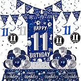 11th Birthday Decorations for Boys Girls, Blue Silver Happy 11th Birthday Decorations Set with 11th Birthday Backdrop Banner Tablecloth Balloons Triangle Flag, 11 Year Old Boy Party Decor Supplies