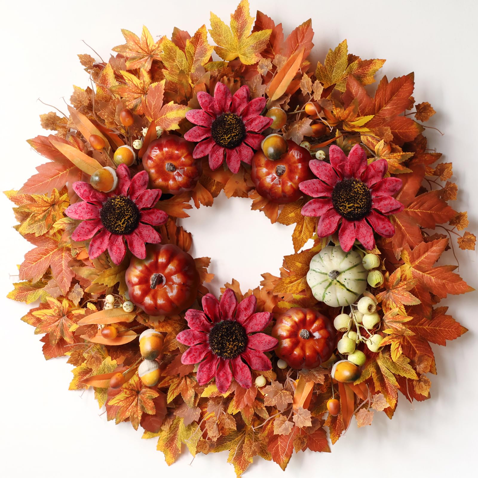 Photo 1 of 28'' Large Fall Wreath for Front Door, Porch, Window- Artificial Maple Leaves Fake Pumpkins Faux Acorns Sunflower Outdoor Autumn Wreath for Home, Farmhouse Wall Thanksgiving Day Harvest Festival Decor