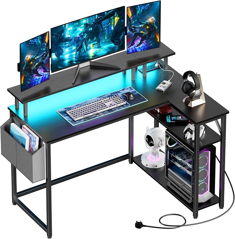Yornoli L Shaped Desk with LED Lights and Power Outlet 118cm Corner Desk