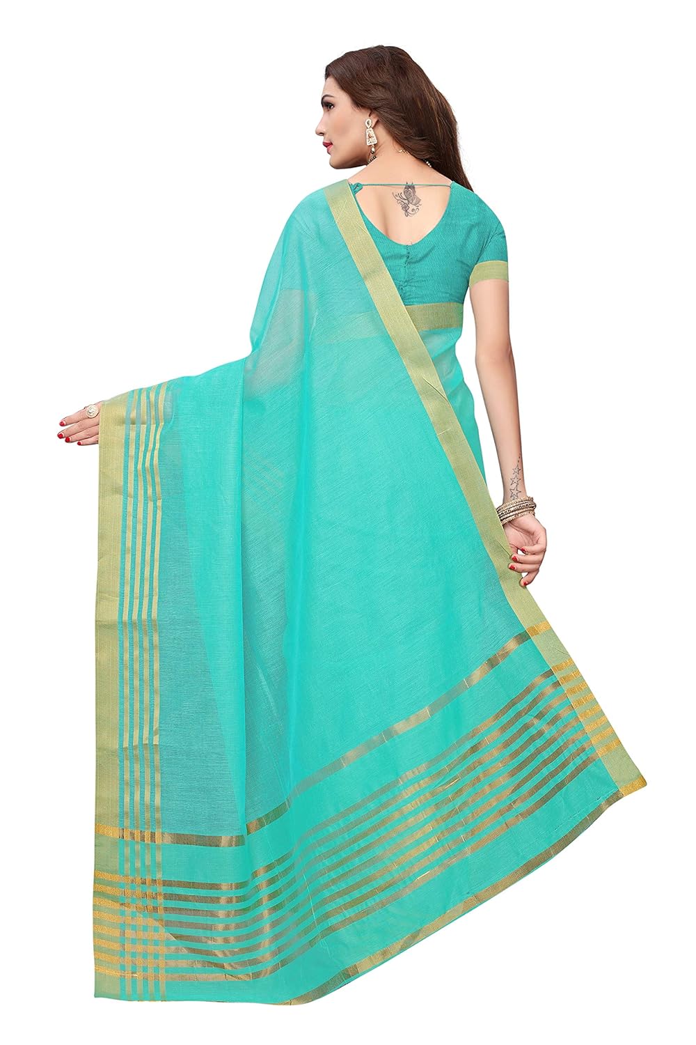 indira designer women's art cotton silk gold stripes saree with blouse