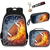 Fitvc School Backpack for Boys - 4pcs American Football Boys Backpack with Lunch Box Set for Kids Children Teens Elementary Middle School - 17″ Sport Bookbag Travel Back Pack for Age 6-18