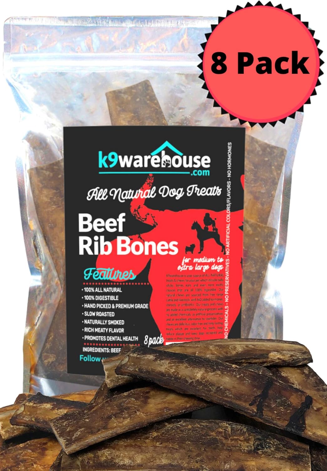 K9warehouse Beef Rib Dog Bones | Rawhide Free - All Natural (8 Pack) Digestible Dog Bone Chew Treats only for Aggressive Chewers with Meaty and Savory Smoked Beef Flavor | 6-7 Inch Long Lasting Chews