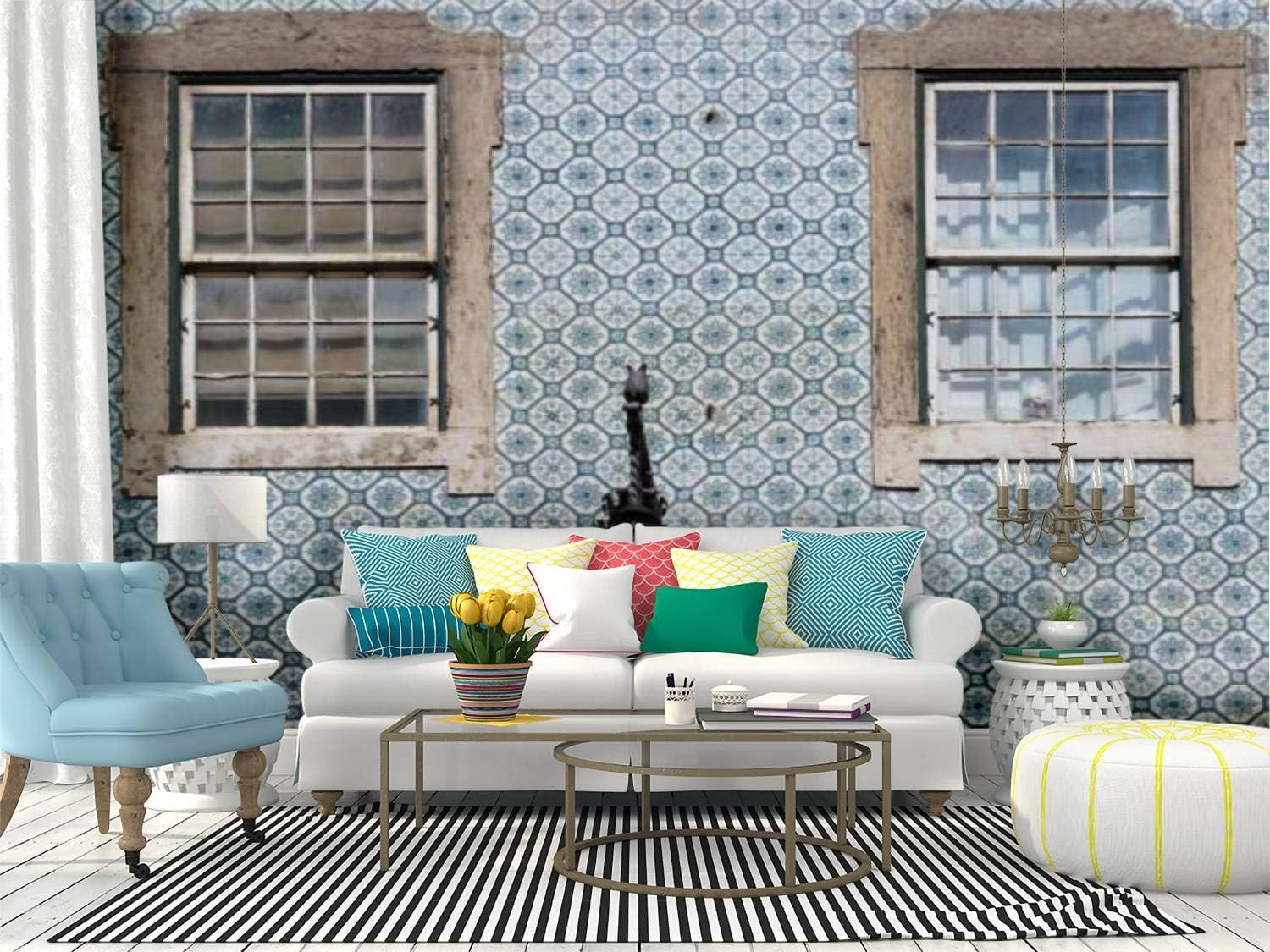 Typical Portuguese Architecture Tile Azulejos Windows Portugal Canvas Print Wallpaper Wall Mural Self Adhesive Peel & Stick Wallpaper Home Craft Wall Decal Wall Poster Sticker for Living Room